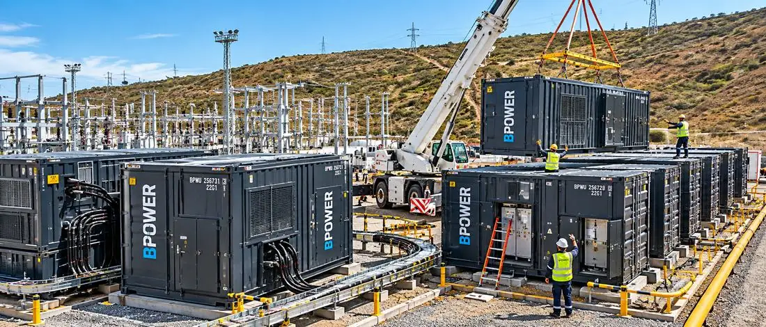 BPOWER generator containers being installed next to a substation