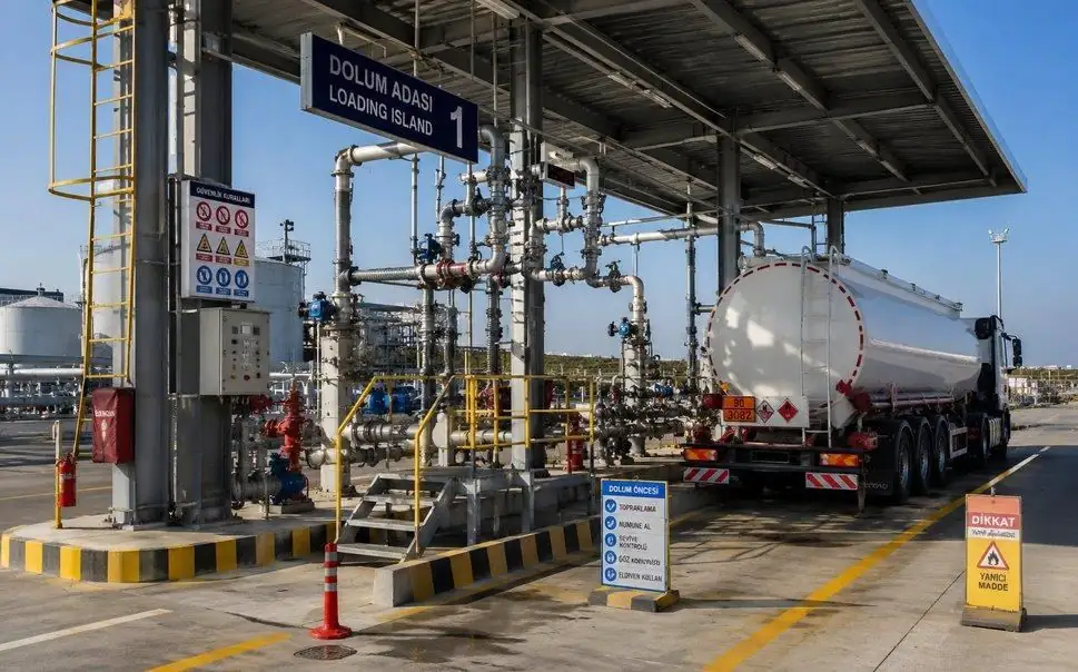 Road tanker at a bottom-loading bay