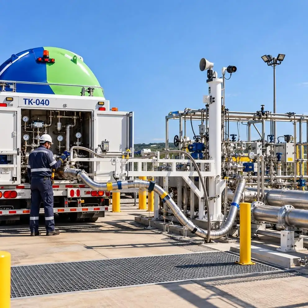 Operator connecting an LNG trailer to an unloading skid