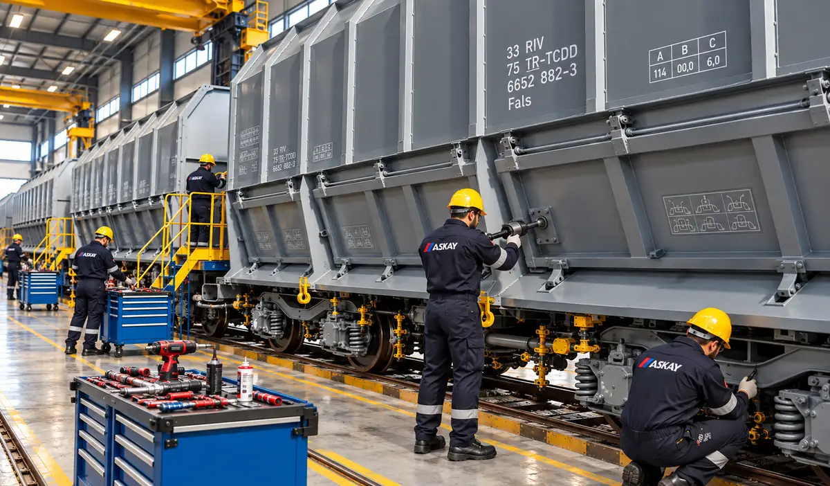 ASKAY technicians refurbishing freight wagons in a workshop