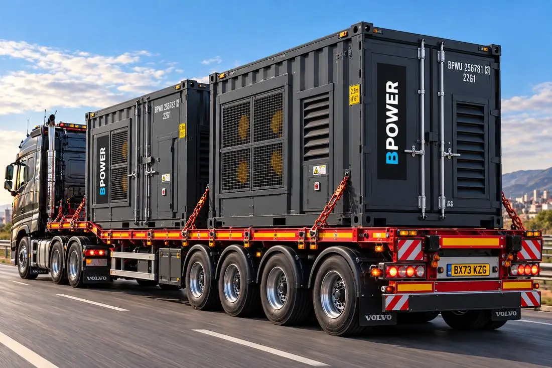 BPOWER generator containers on a low-bed trailer