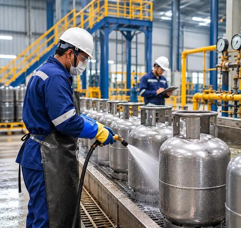 Operator at a cylinder welding station