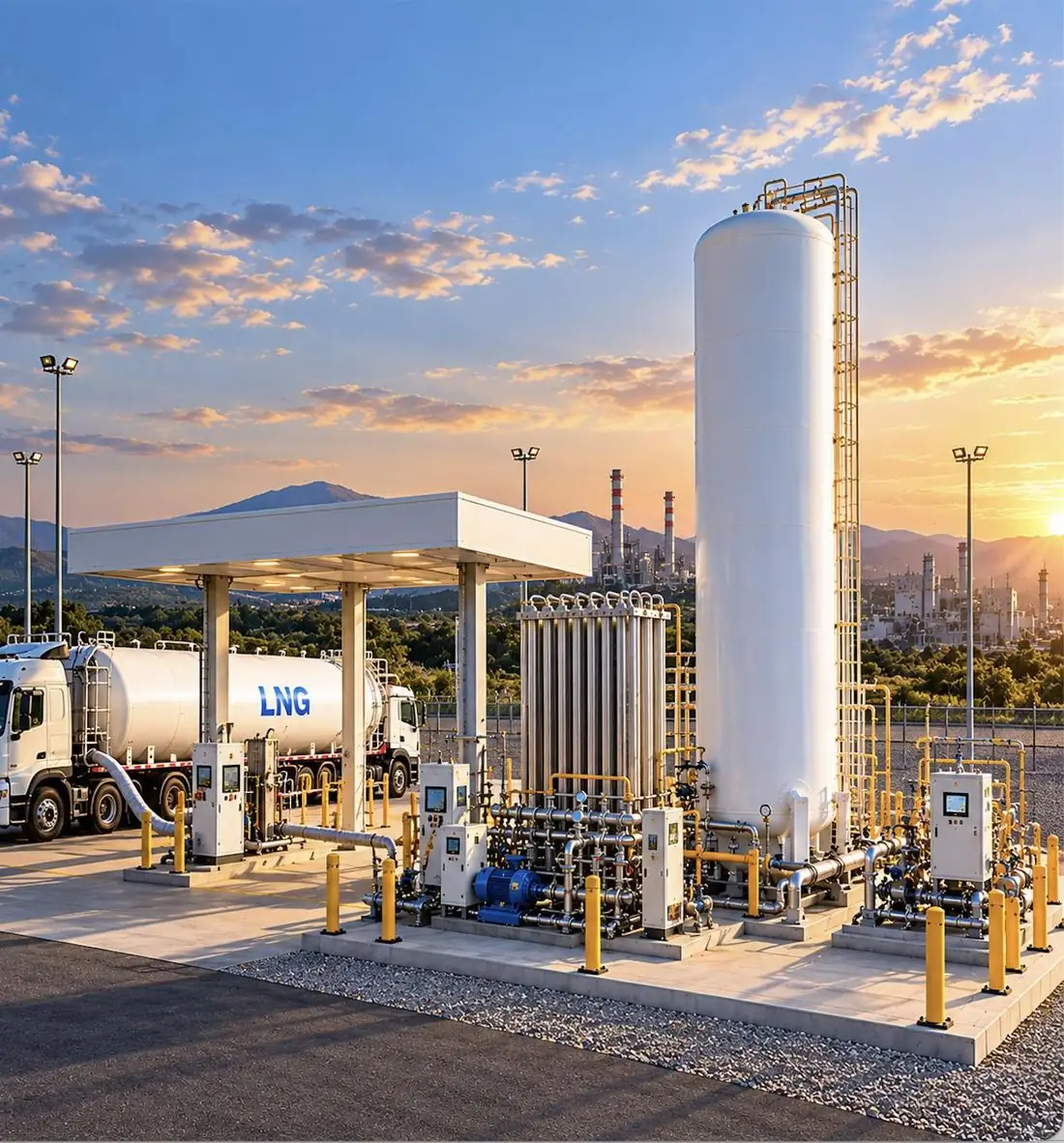 LNG supply station with storage tank, vaporizers and tanker truck