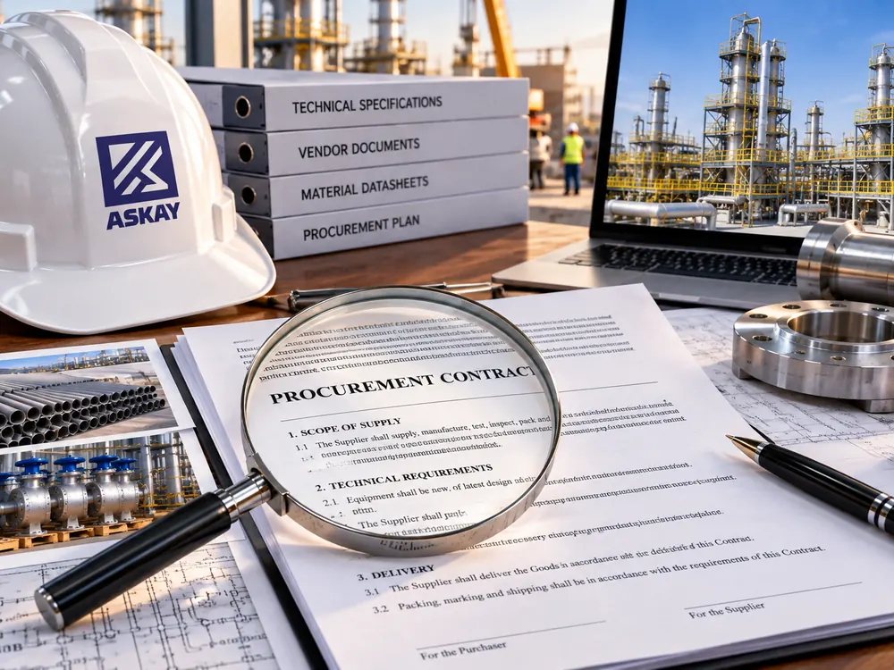Procurement contract under a magnifying glass, with an ASKAY hard hat, vendor document binders, flanges and a plant on a laptop screen
