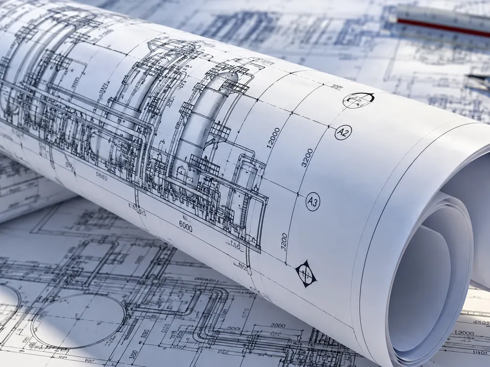 Rolled engineering drawings of a process plant with a scale ruler and pen