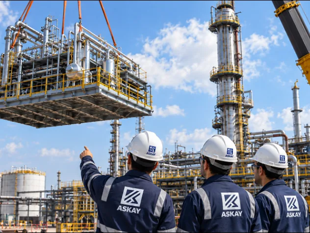 ASKAY engineers supervising a crane lift of a process module at a refinery site