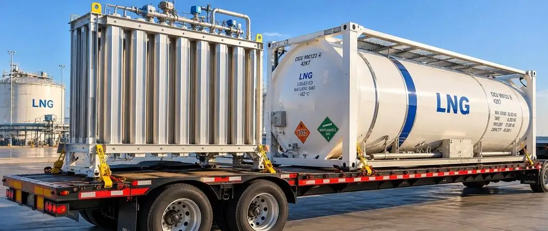 LNG ISO container and vaporizer skid on a trailer